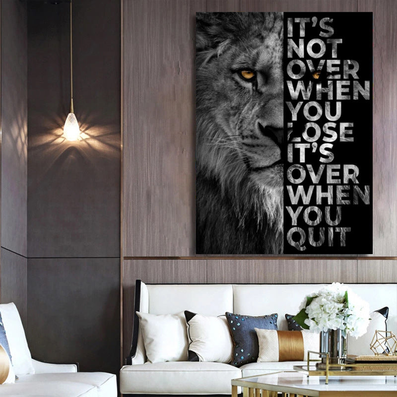 pirational lion frameless decorative painting, black and white canvas hanging painting, pine wood inner frame, printed core